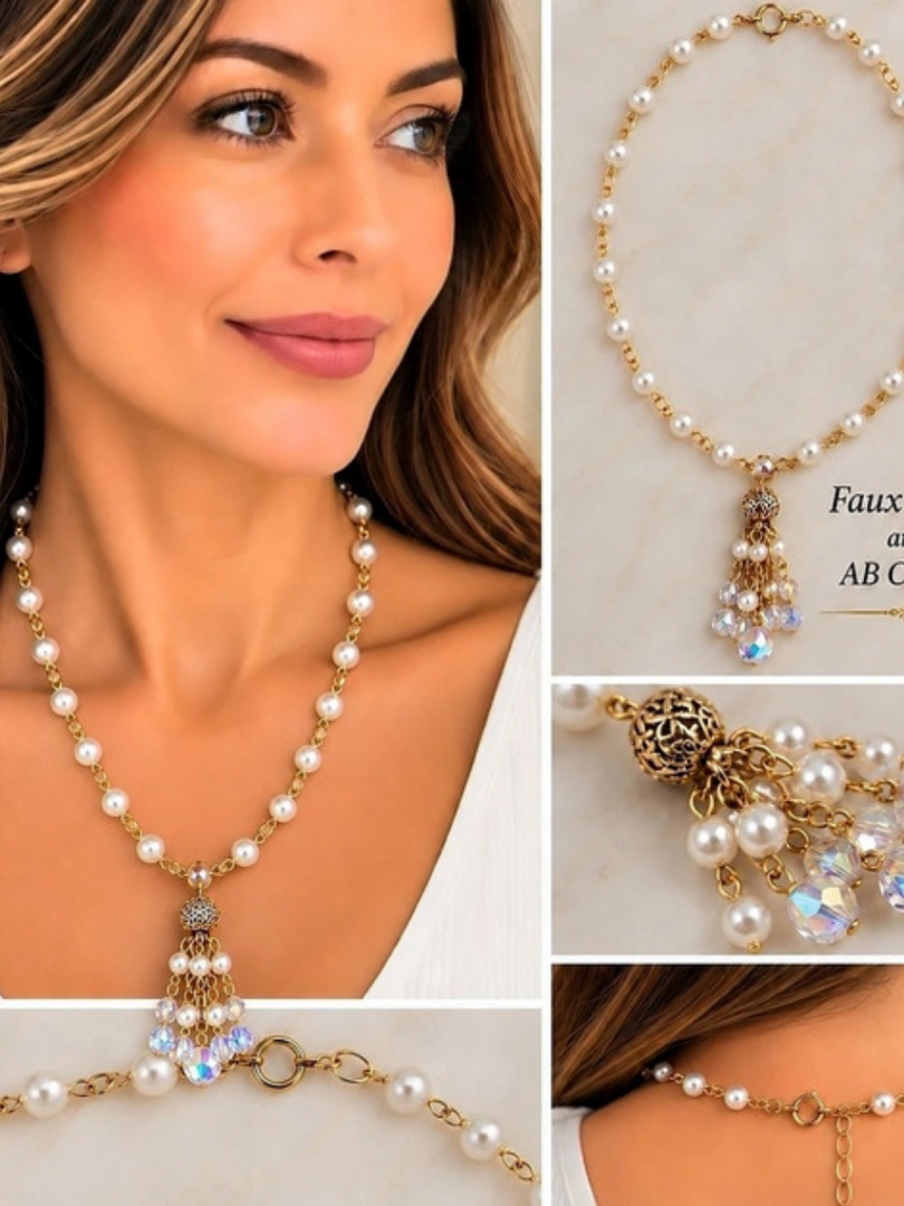Faux Pearl Abd AB Crystal Pendant Necklace